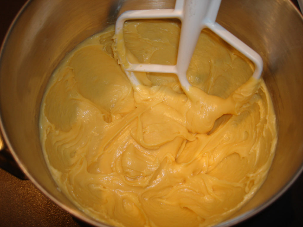 eclair dough in a mixing bowl close up